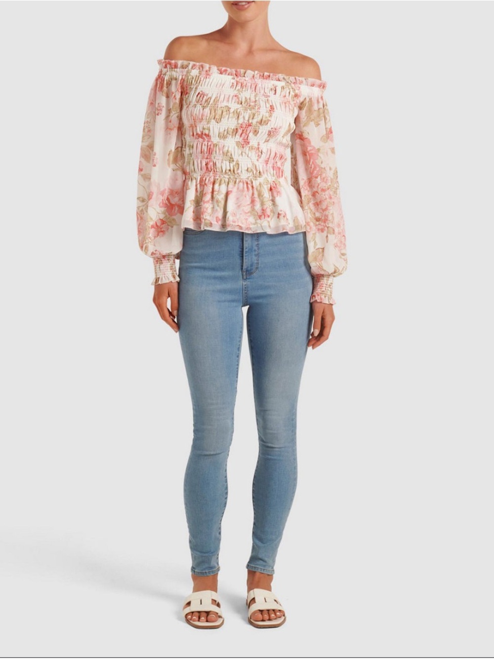 Ever New Off-Shoulder Floral Blouse in Pink and Cream